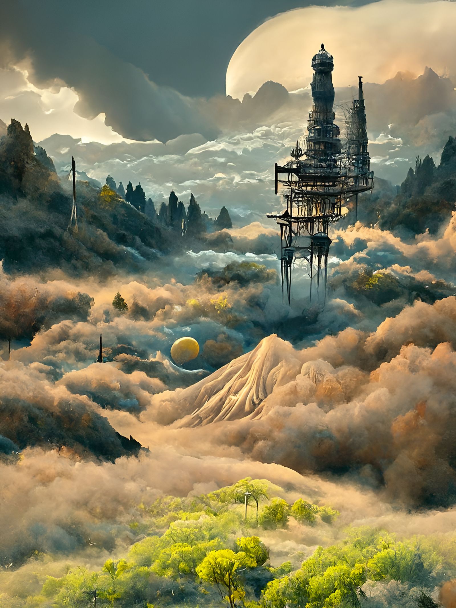 Mystical Radio Tower at Night: A Surreal Painting