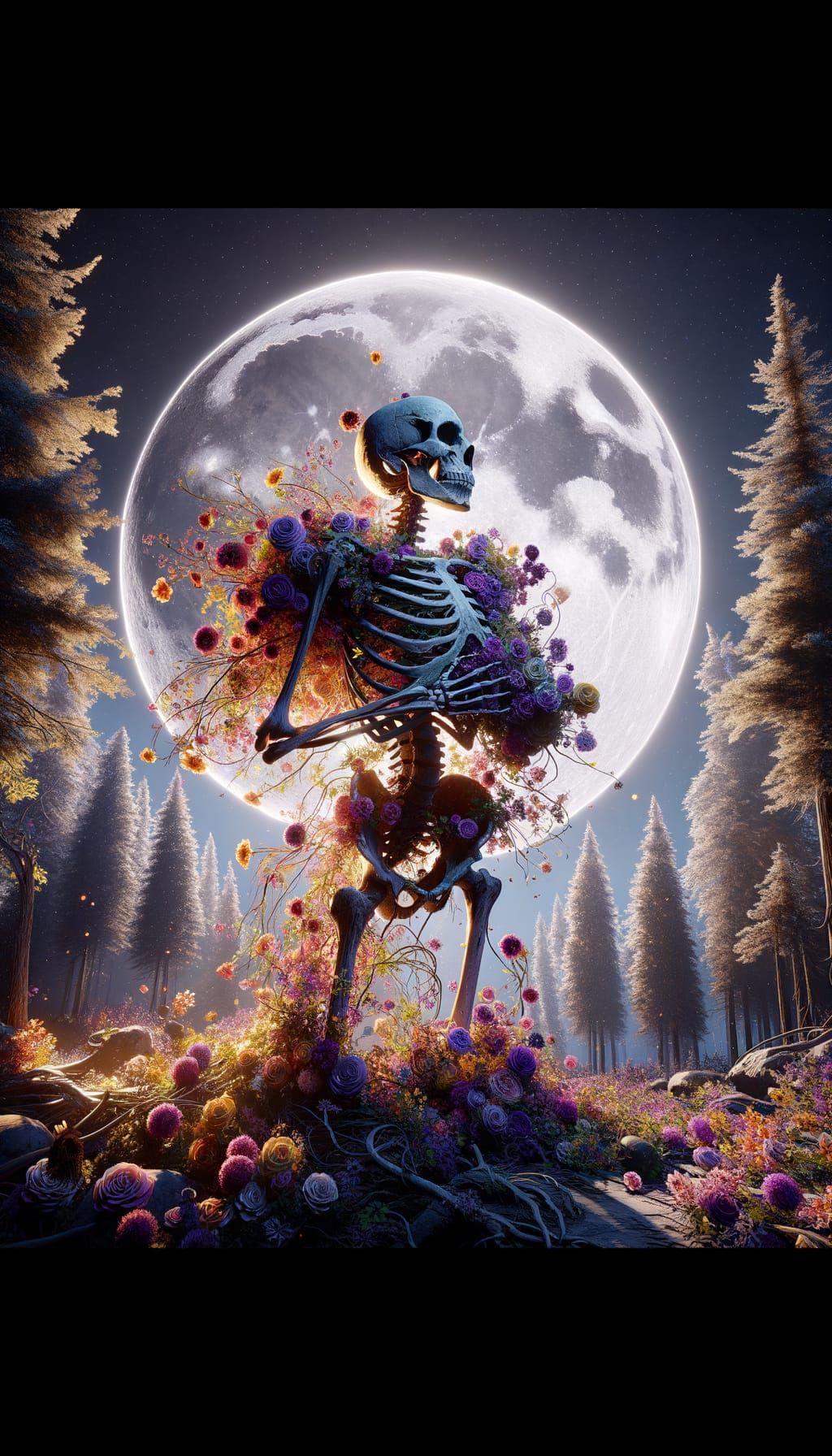 Floral Skeleton in Dark Forest, Fantasy Art