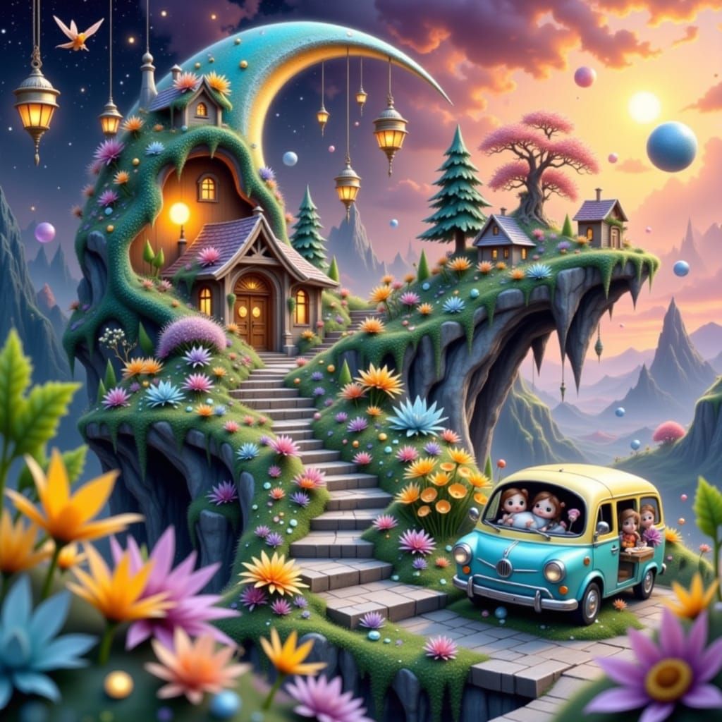 Miniature Village in Crescent Moon, Whimsical Art