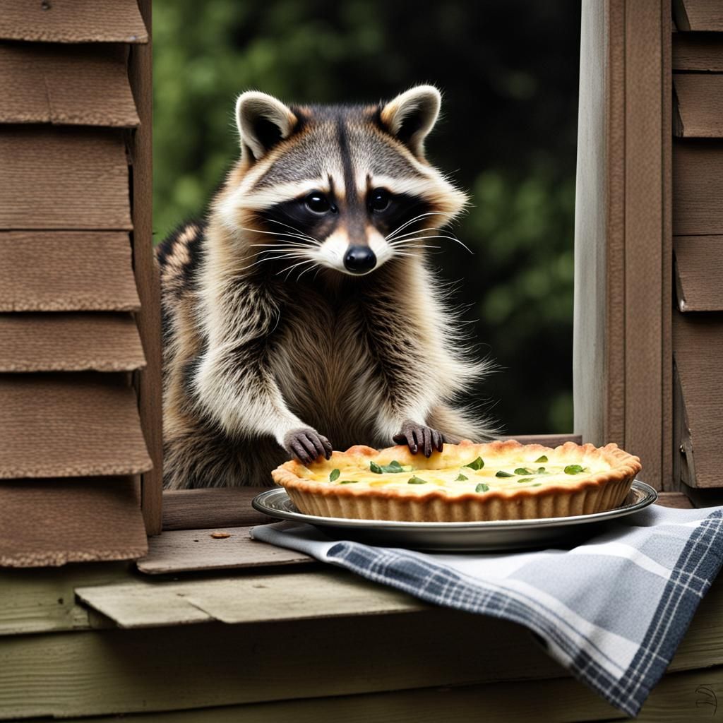 Raccoon and Quiche at Farm Window