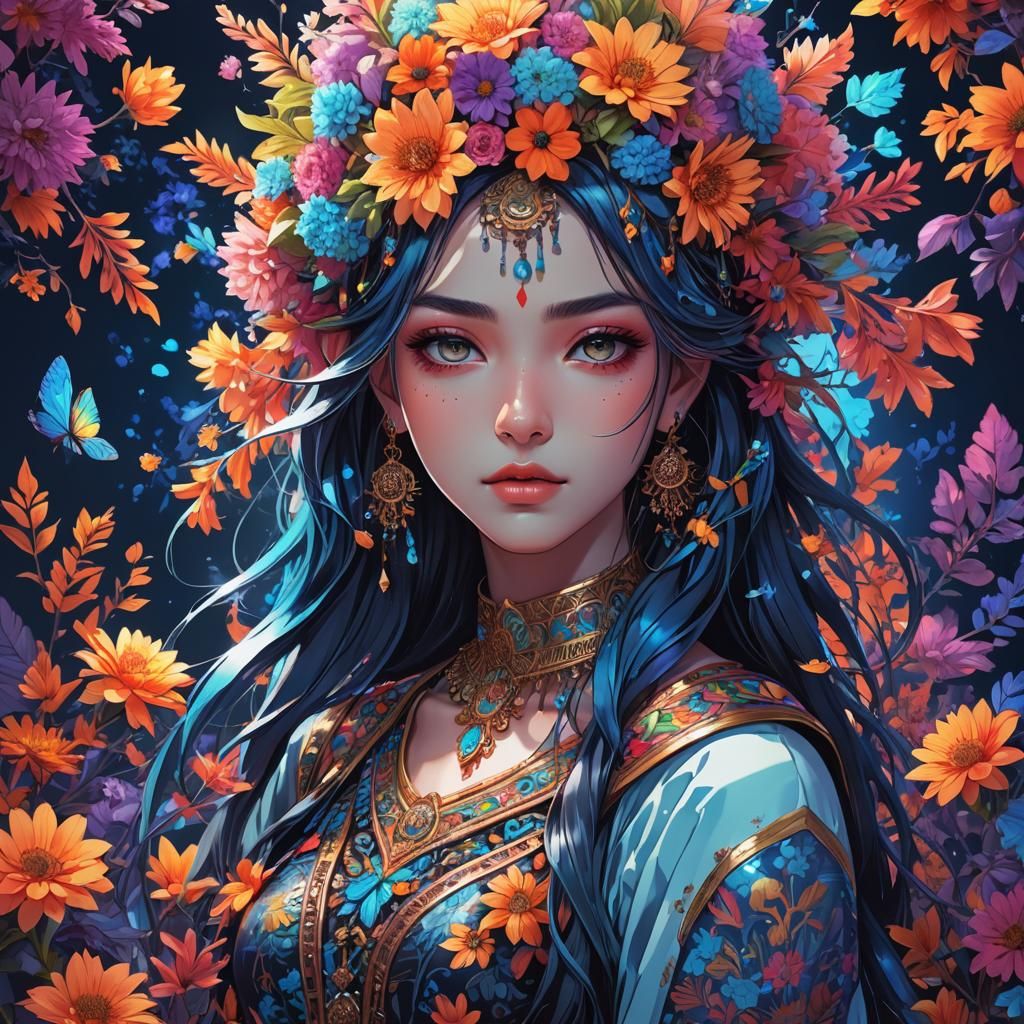 Girl with Flowers: Indian Gothic Neon Art