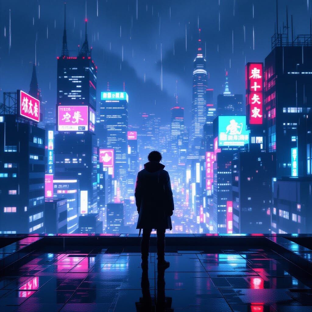 Lone Figure Overlooking Neon Cityscape in Cyberpunk Anime St...