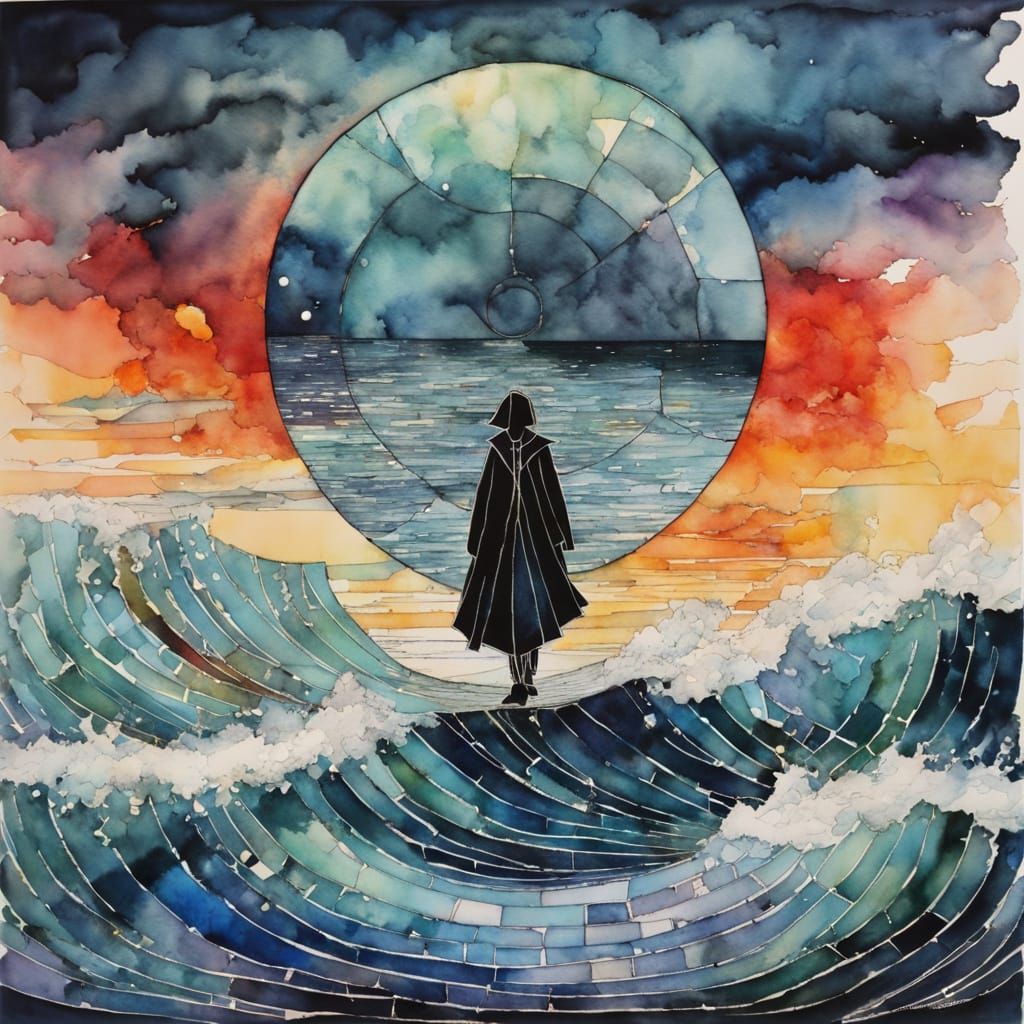 Figure Falling into Stormy Sea Sunset, Geometric Art