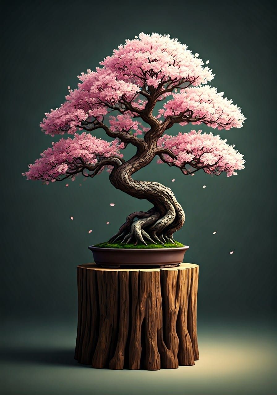 Cherry Blossom Bonsai in Watercolor Style