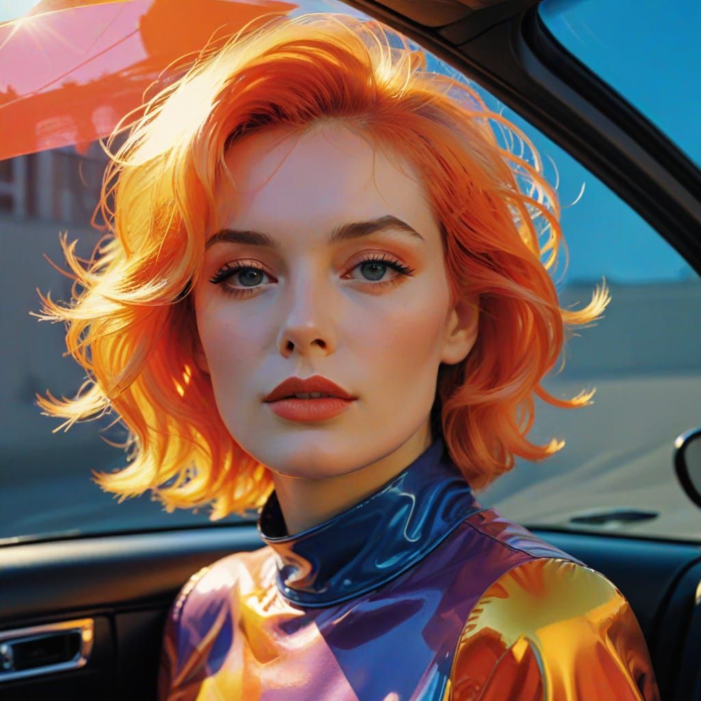 Futuristic Pop Art Portrait of a Woman in a Redhead Bun Driv...