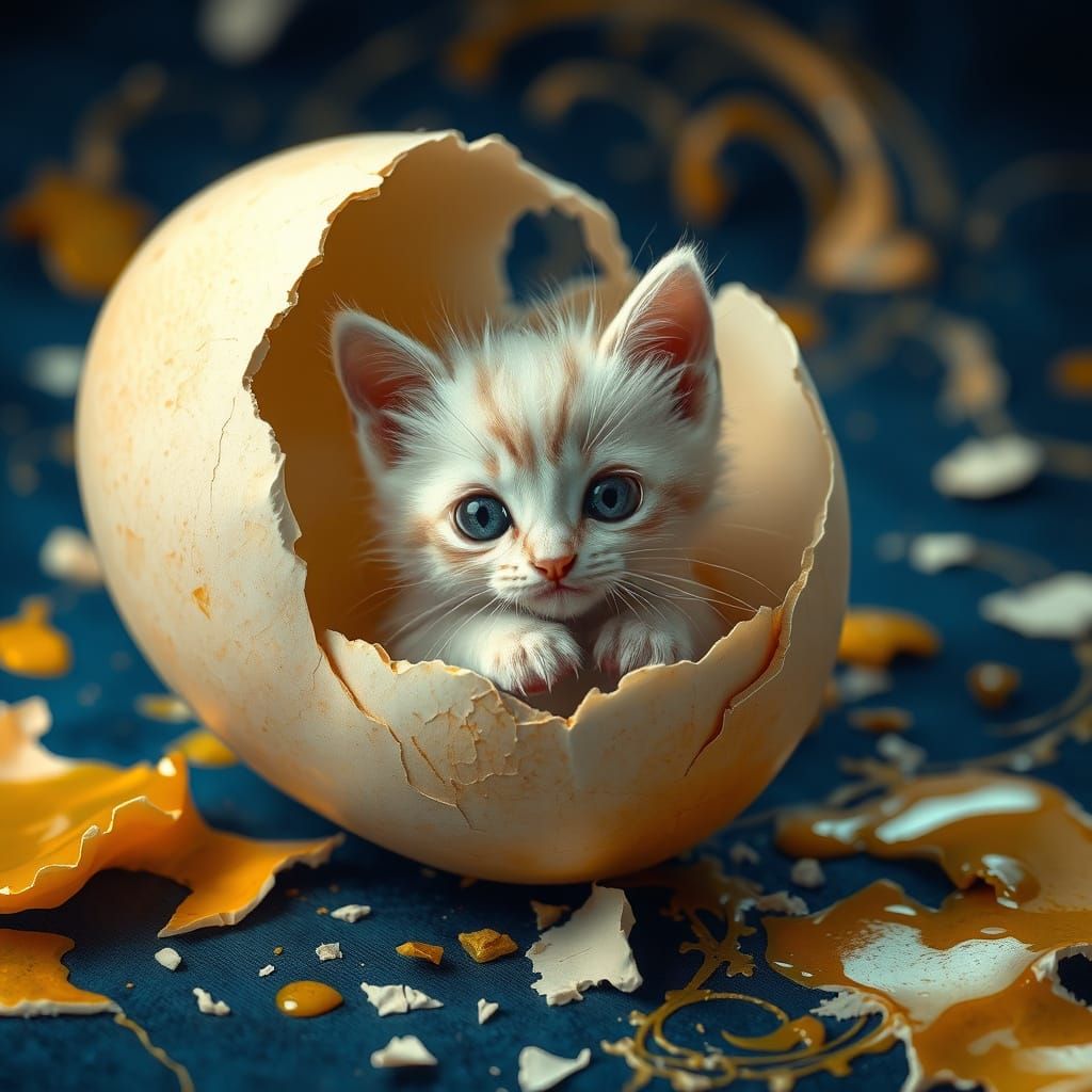 Tiny Kitten Peeking From Eggshell in Fantasy Style