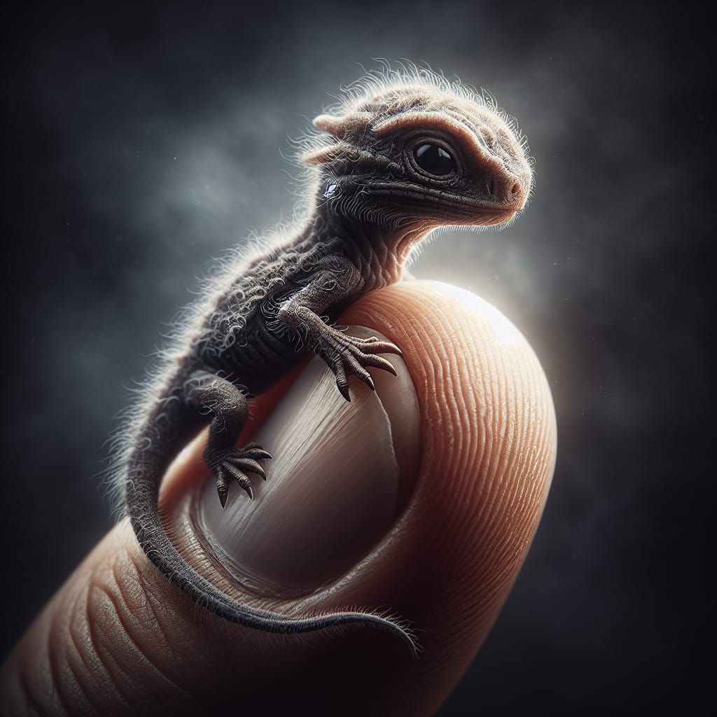 Whimsical Baby Dragon on Thumb in Moody, High-Resolution Art