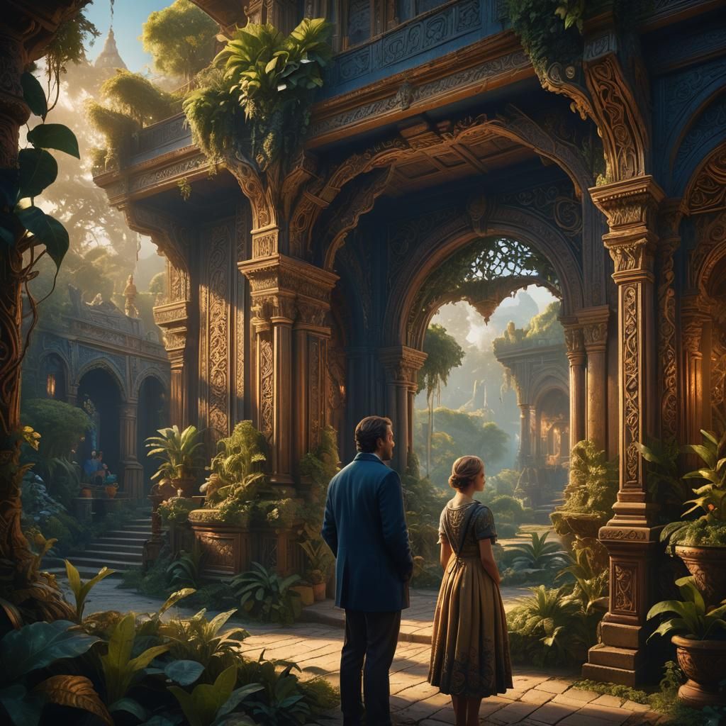 Man Waiting in Golden Lit Fantasy Landscape