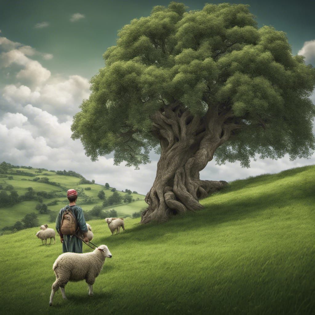 Shepherd Boy with Sheep in Grassy Field