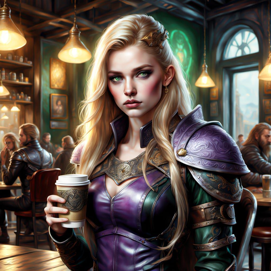 Valkyrie Sips Coffee in Cafe with Purple Accents