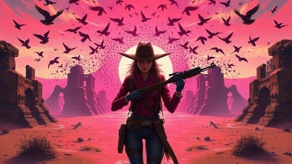 Gunslinger in Post-Apocalyptic Sunset with Pink Starlings