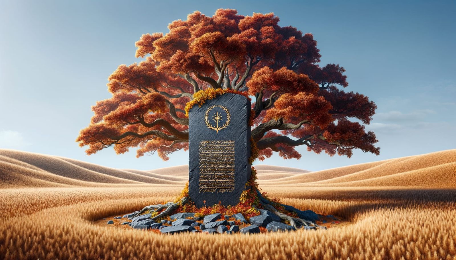 Granite Headstone Enwrapped by Autumn Oak