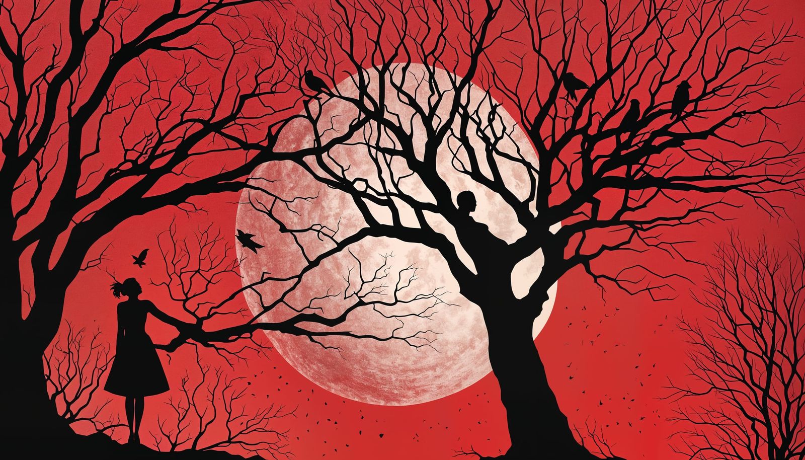 Mysterious Woman Dissolves into Crimson Tree Silhouette