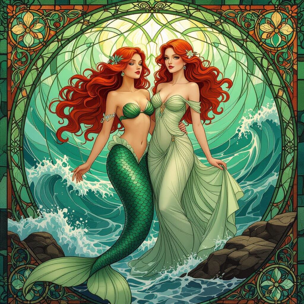 Red-Haired Women in Stained Glass Mosaic Style