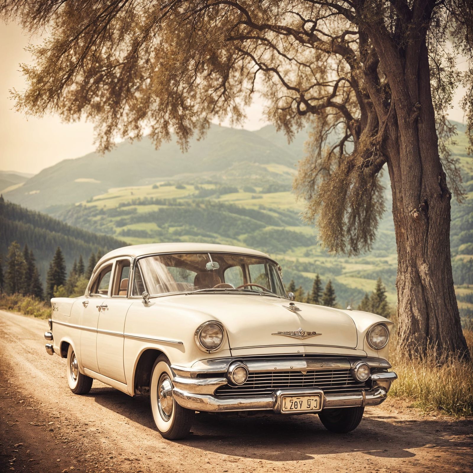 Vintage Car in Scenic Landscape: Retro Photography