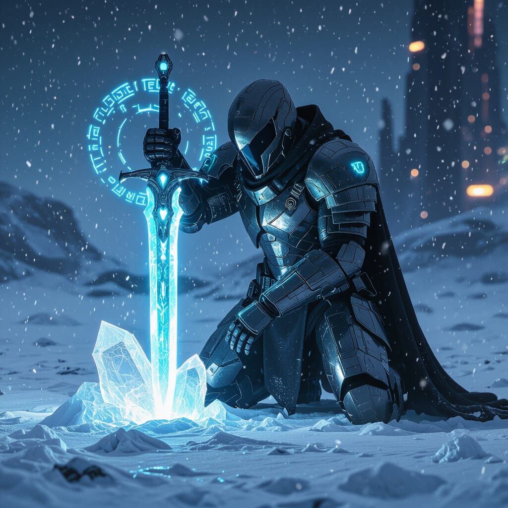 Futuristic Knight Pulls Energy Sword on Icy Wasteland