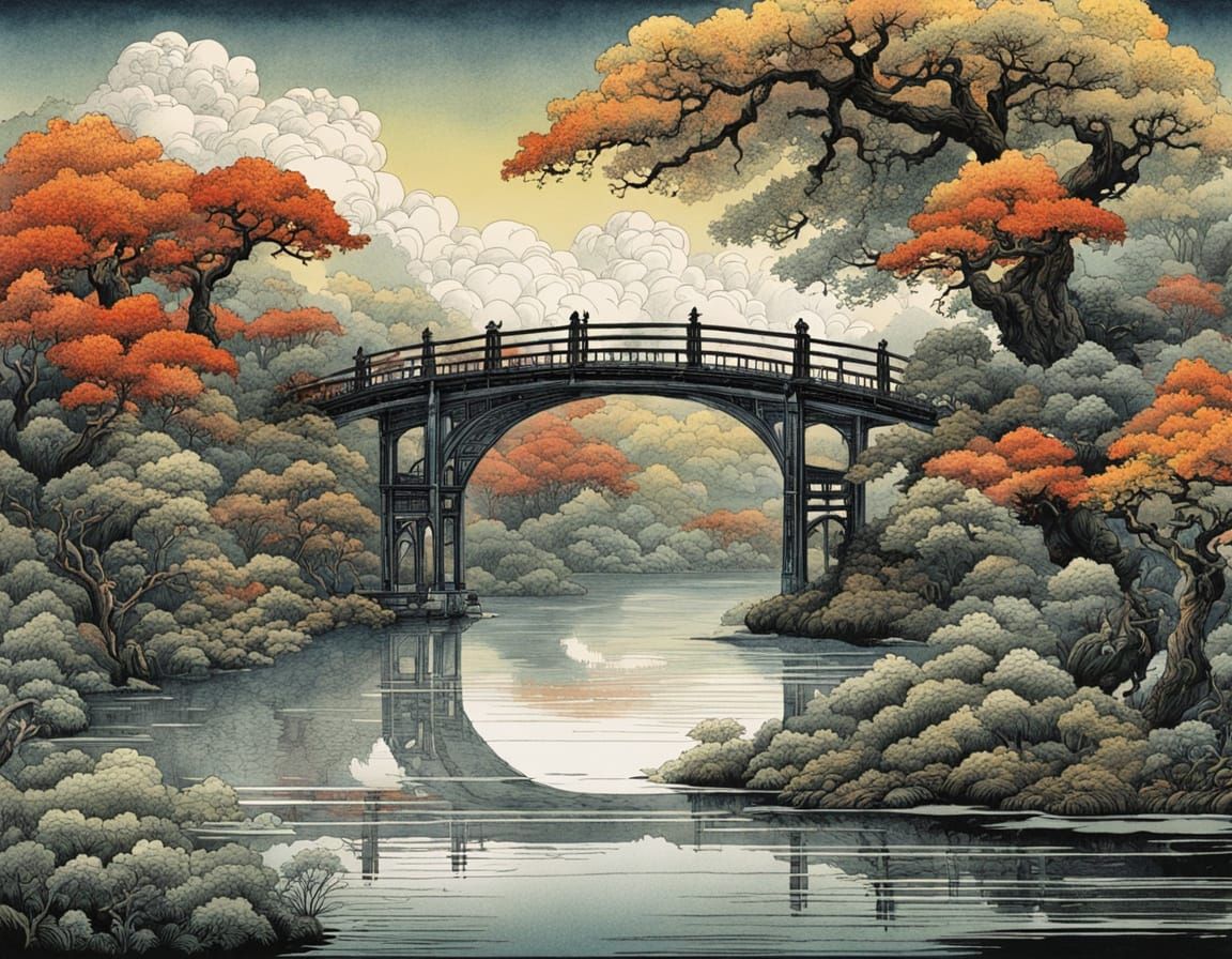 Bridge Over Lake Painting in Retro Oriental Style