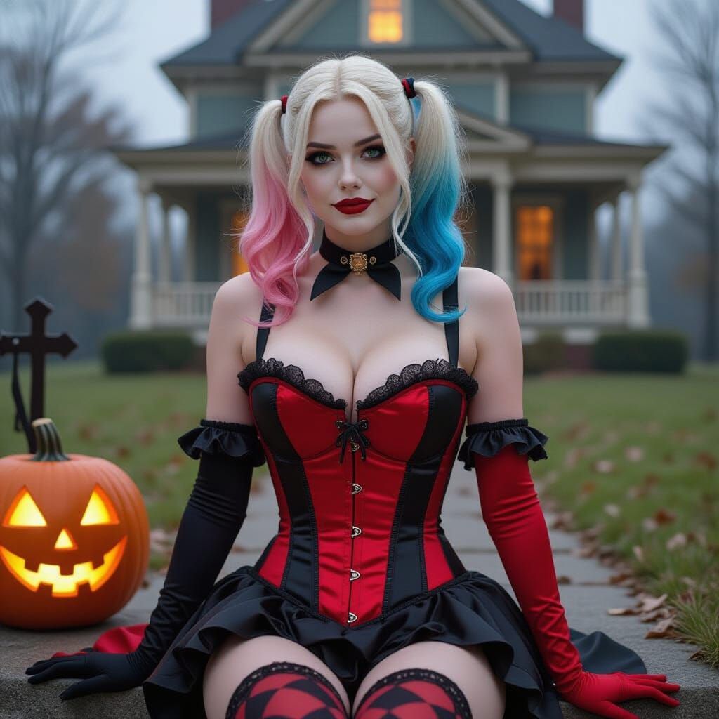 Harley Quinn in Halloween Corset Outside Haunted House