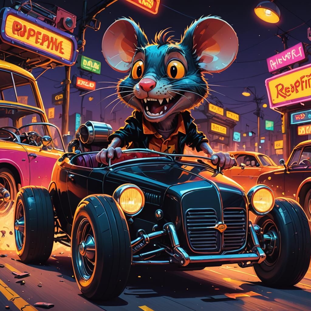 Retro Cartoon Ratfink Mouse in Hotrod Car