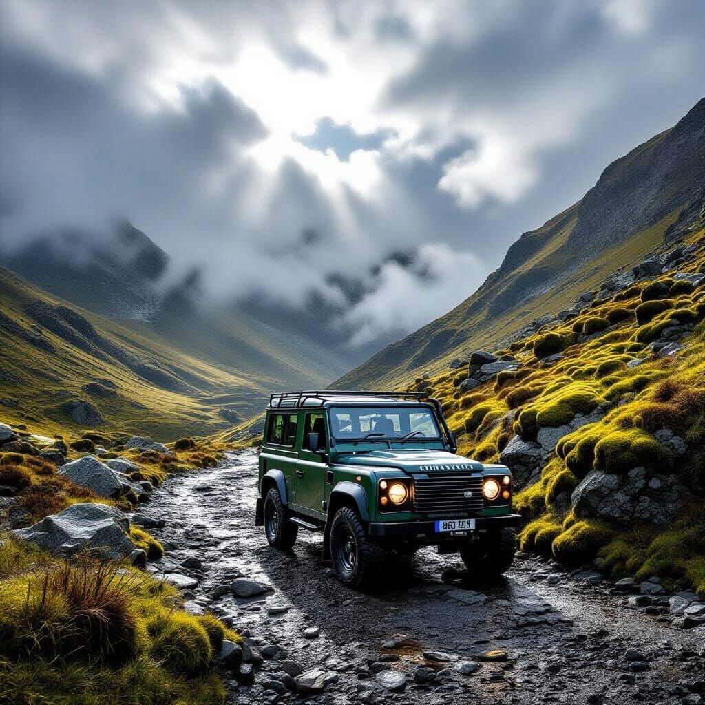 Rugged Land Rover on Mossy Mountain Pass in Classic Film Sty...