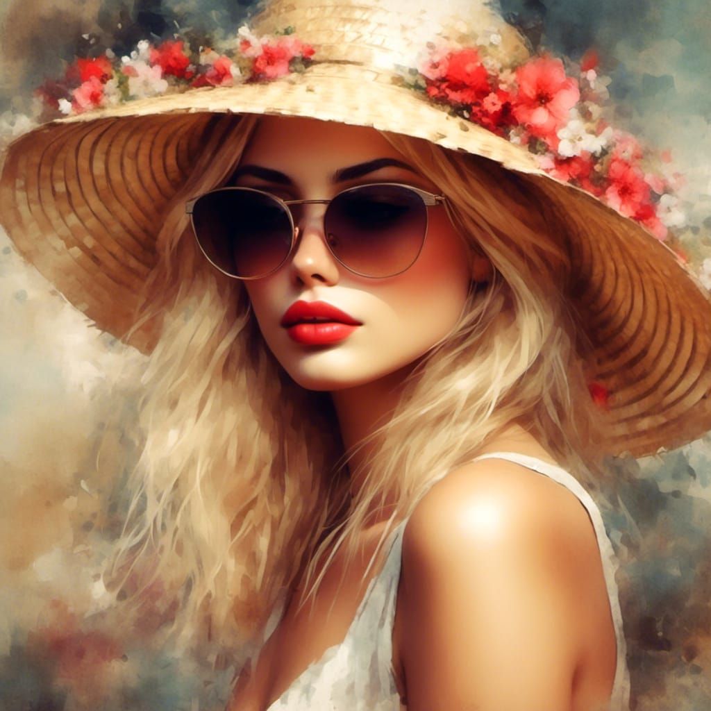 Stunning Blonde Woman in Sun Hat as Oil Painting