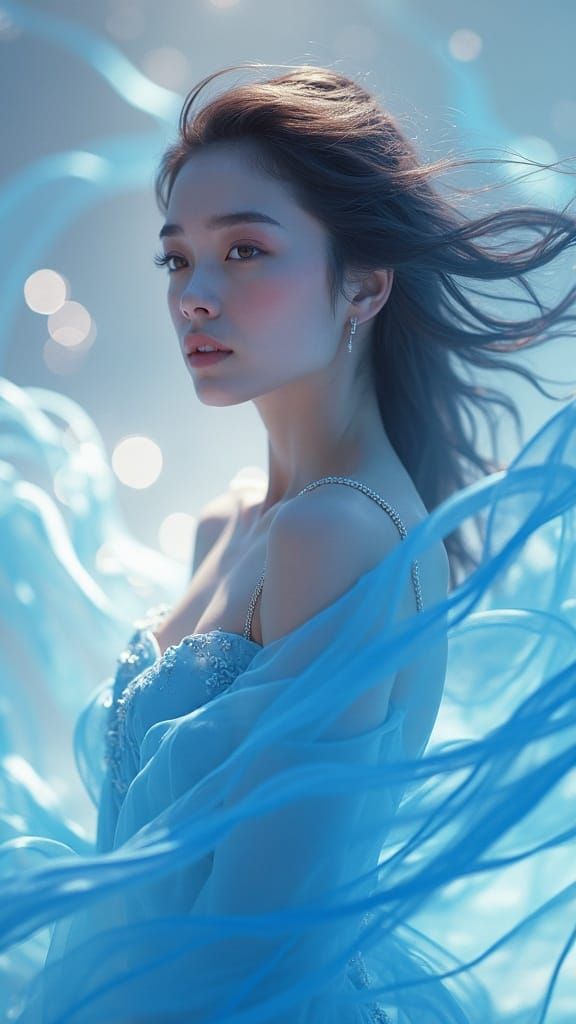 Celestial Maiden in Flowing Azure Silk