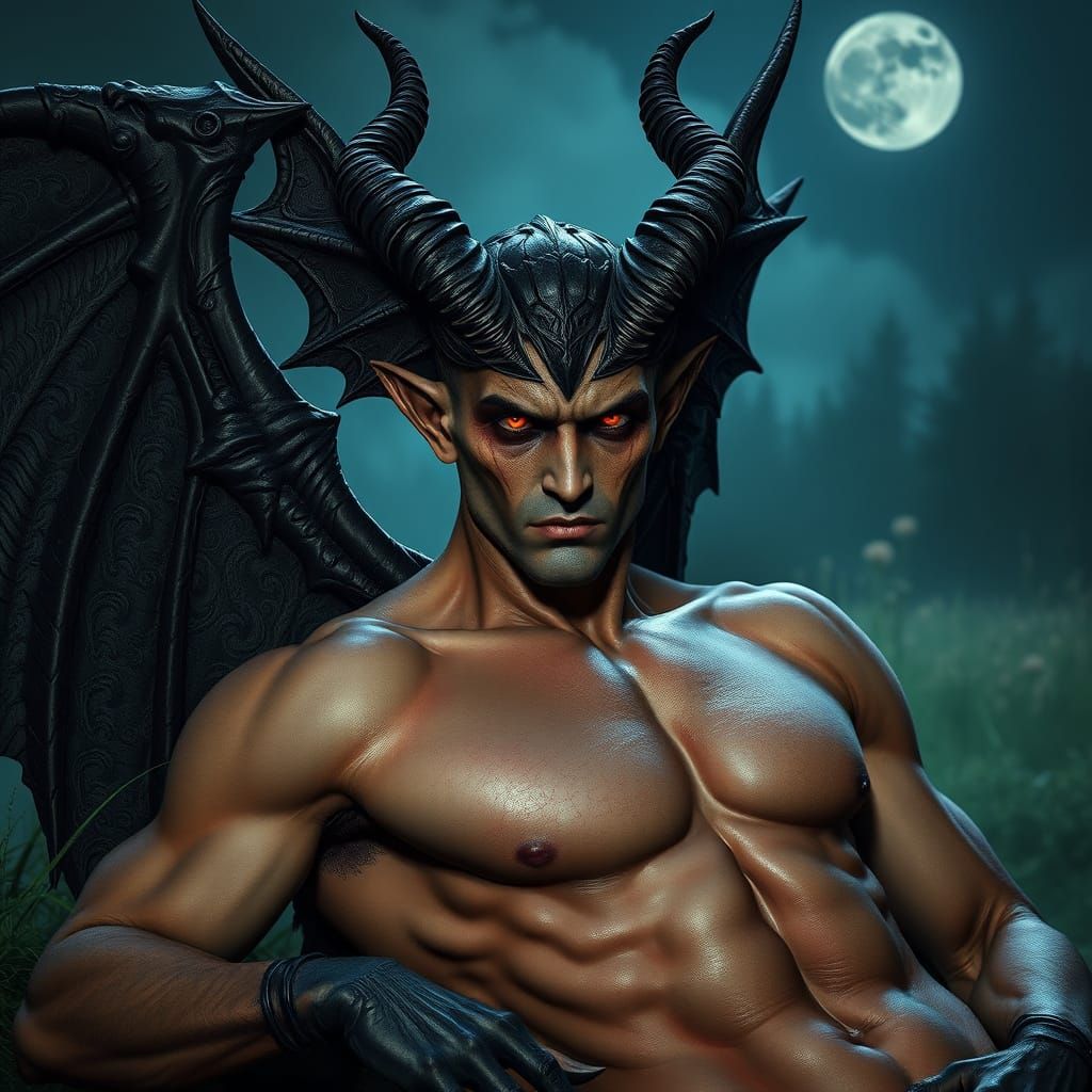 Gothic Demon in Moonlit Garden