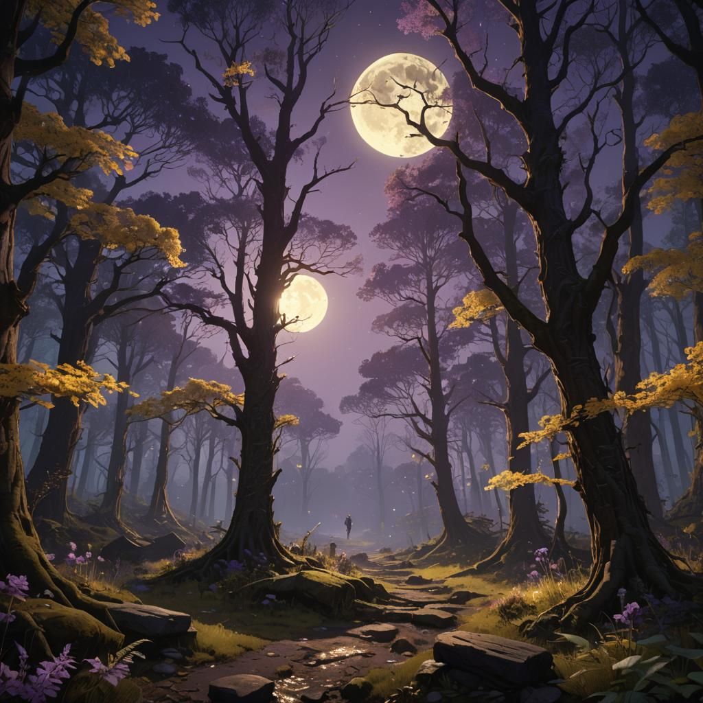 Moonlight Shines in Dark Forest: Fantasy Art