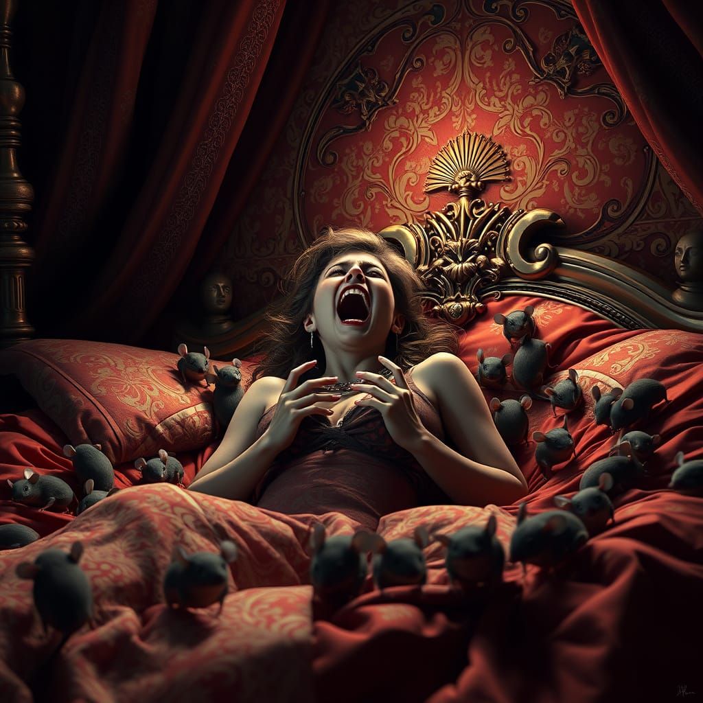 Distressed Woman Surrounded by Mice in Hyper-Realistic Style