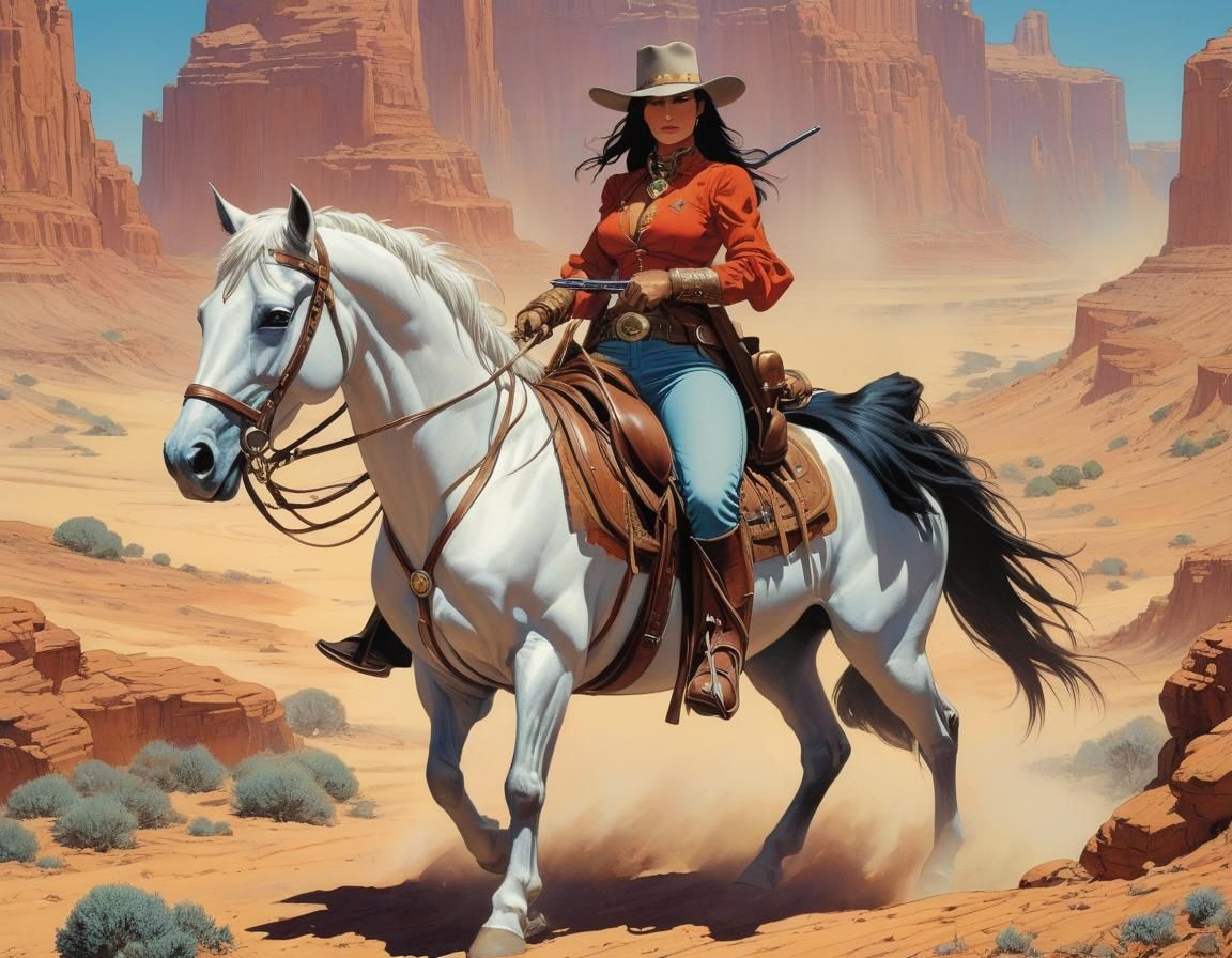 Female Gunslinger on Horseback in Comic Book Style
