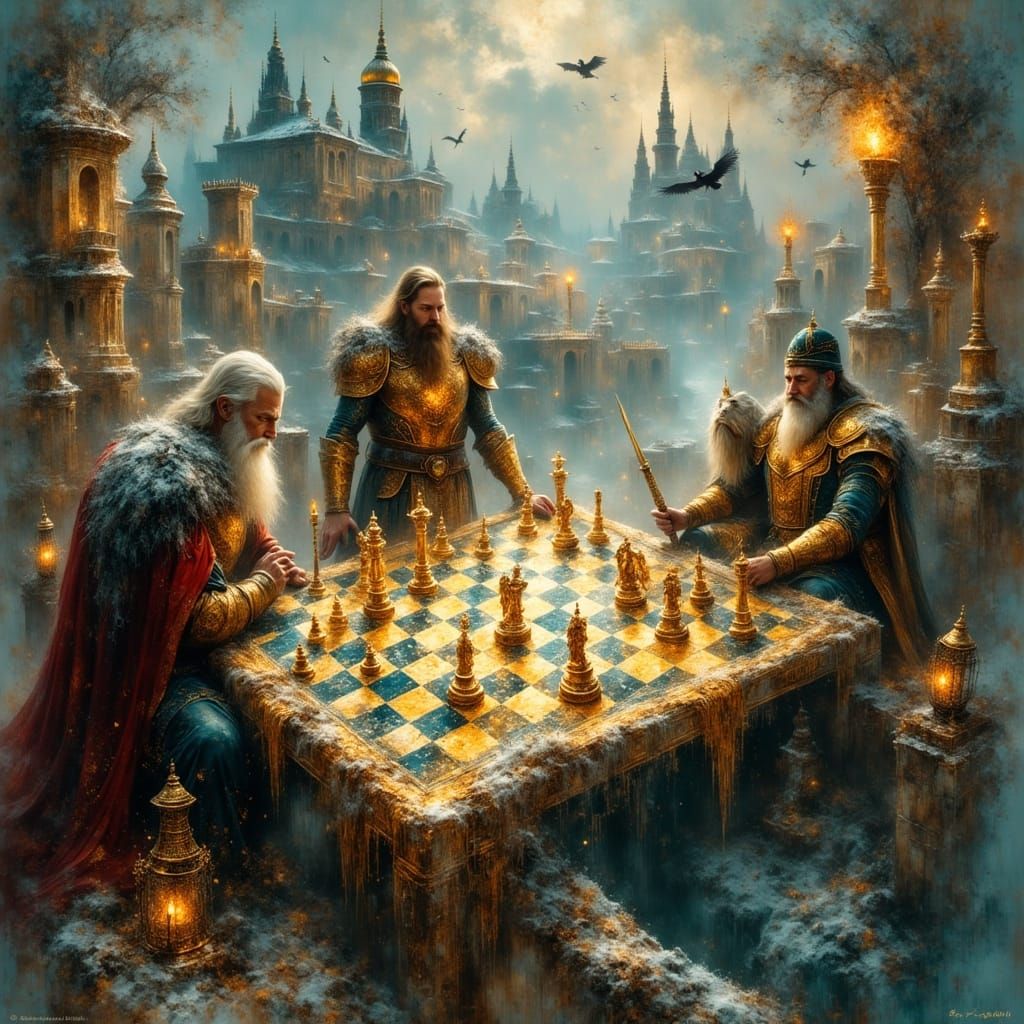 Norse and Arabic Gods Play Chess on Battlefield