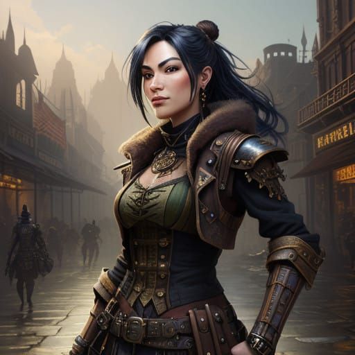 Steampunk Warrior in a Vibrant Market Scene
