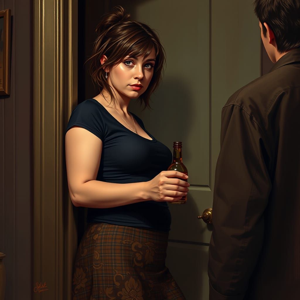 Intoxicated Woman Leaning in Doorway: Expressionist Painting