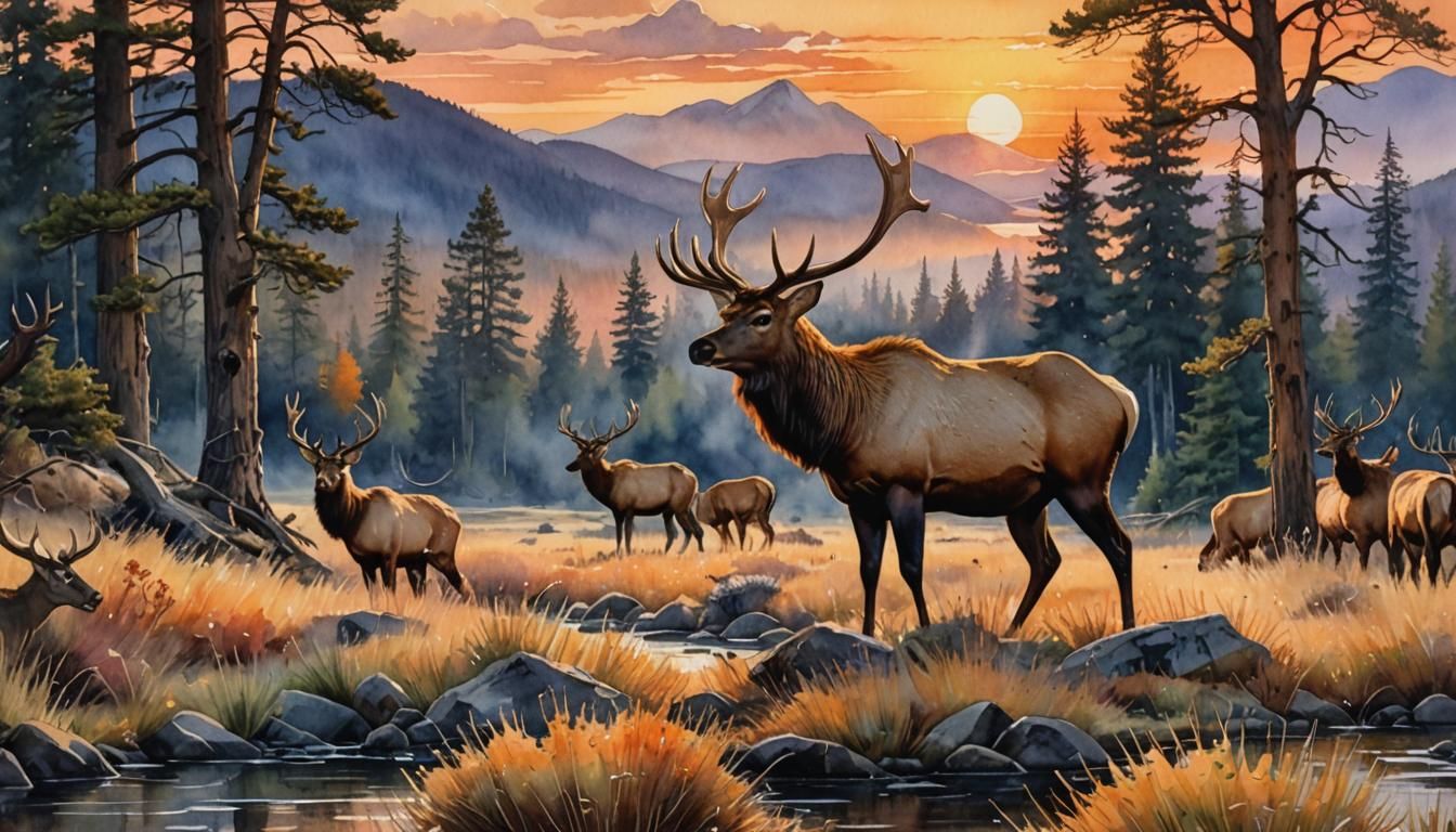 Elk at Sunset: Hyperrealistic Romantic Watercolor