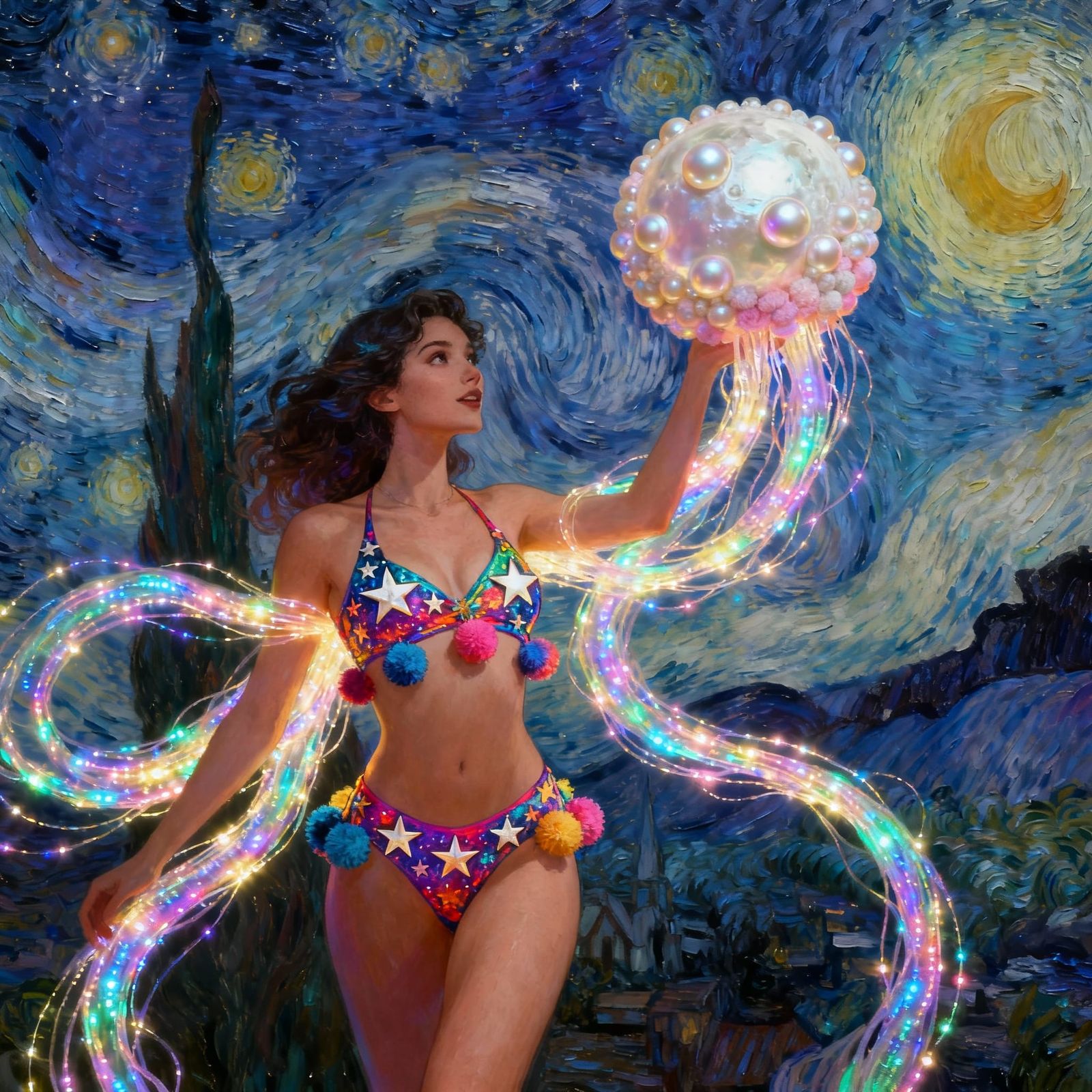 Woman Under Starry Night Sky with Pom-Pom Moon