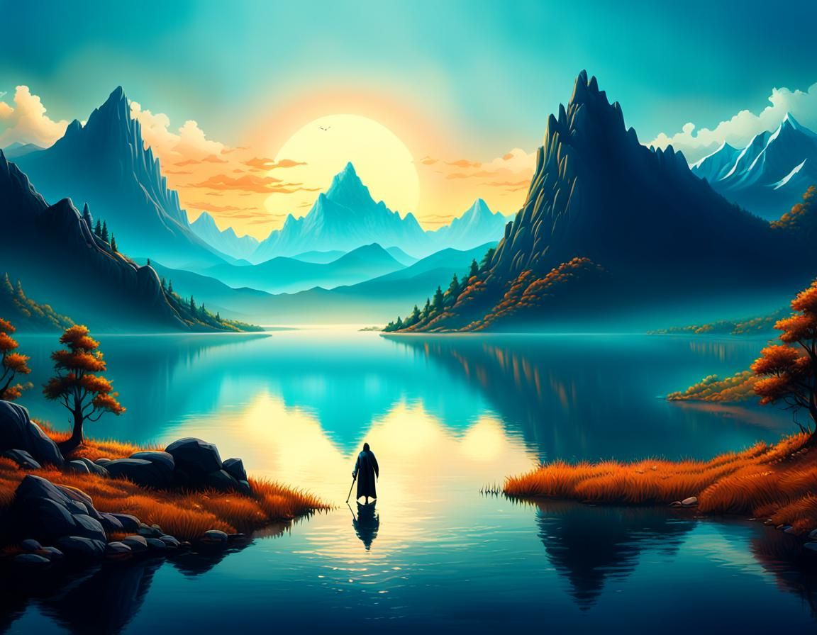 Mystical Lake Landscape with Golden Light, Fantasy Concept A...