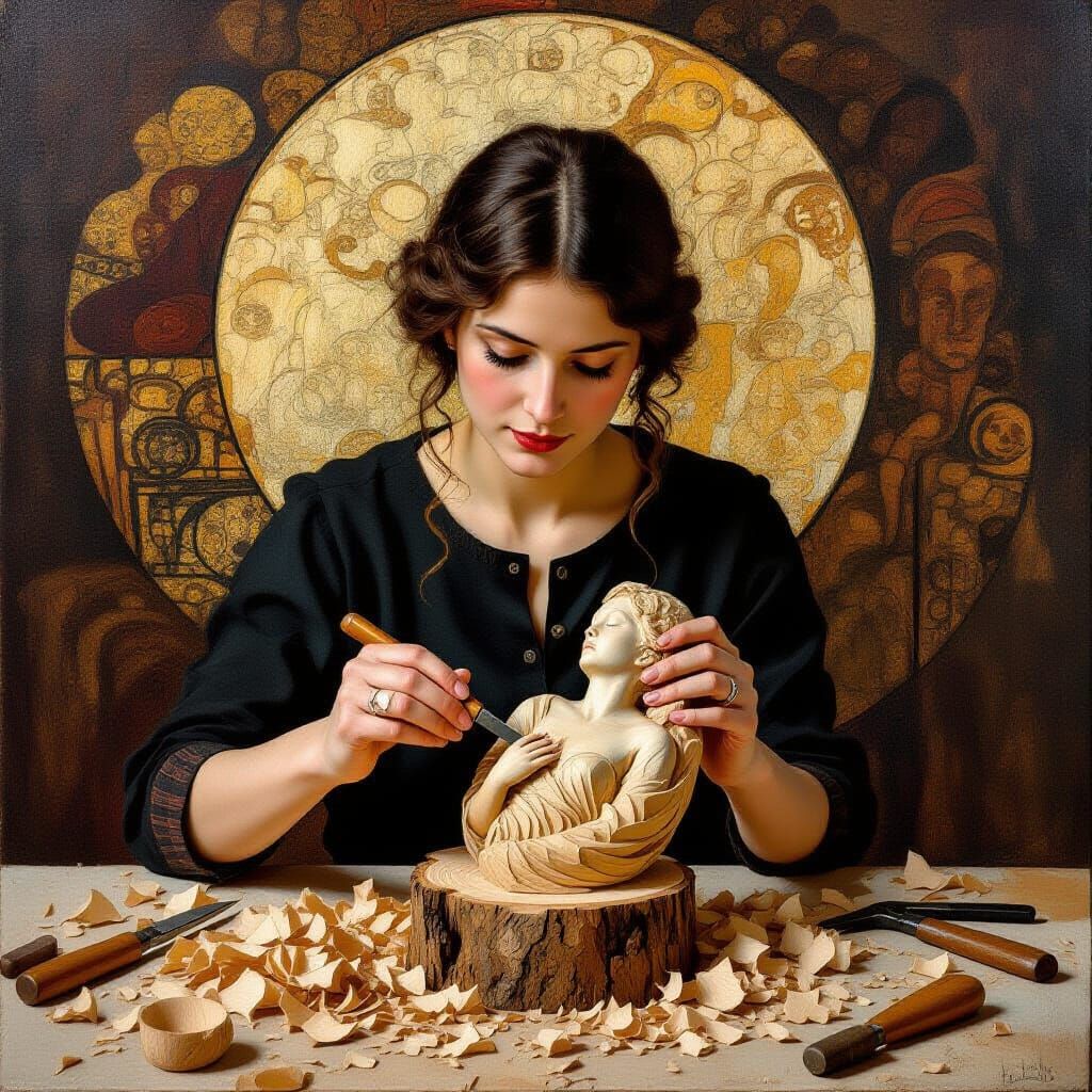Woman Carving Miracle of Love in Wood