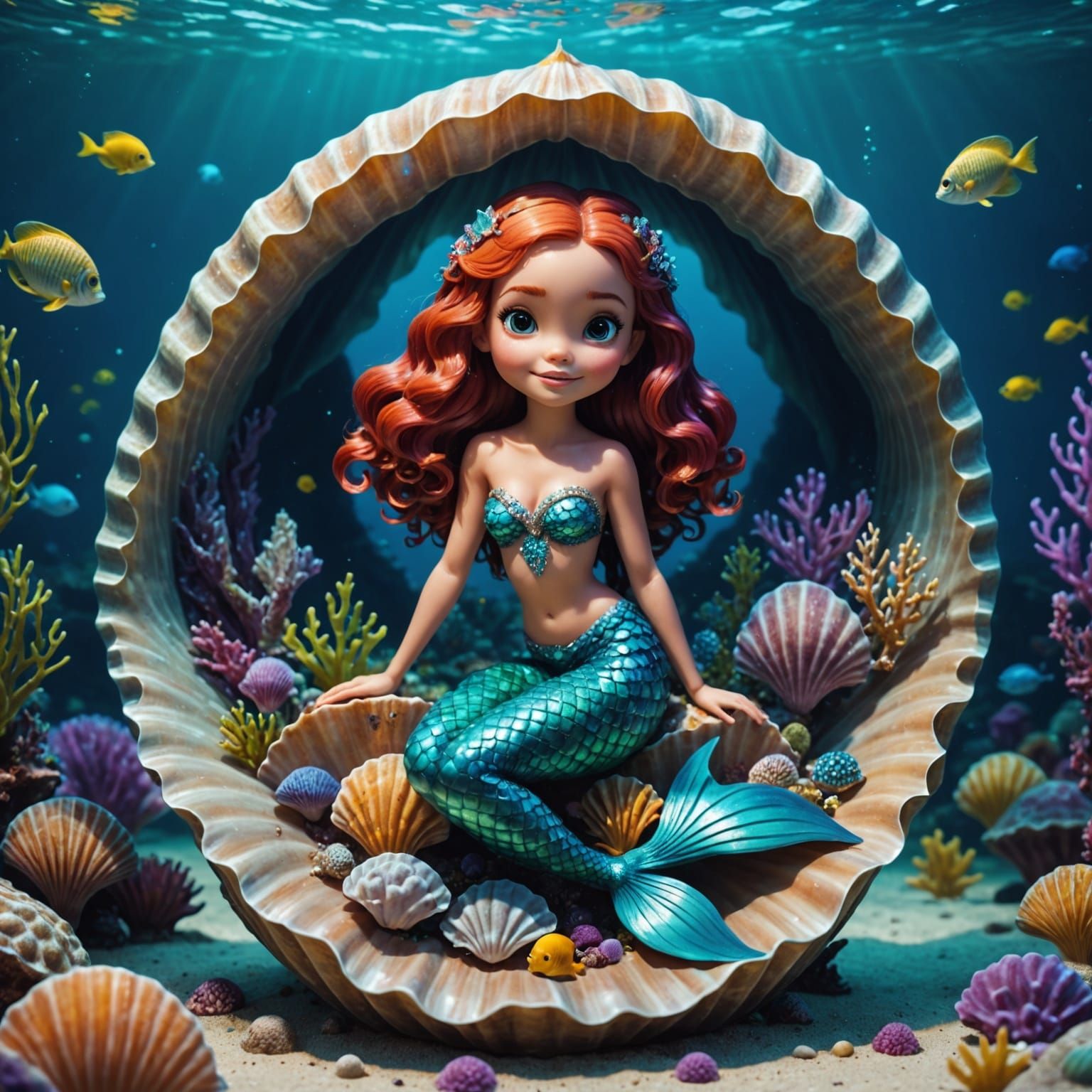 Vibrant Mermaid in Shimmering Shell, Cyberpunk Character Des...