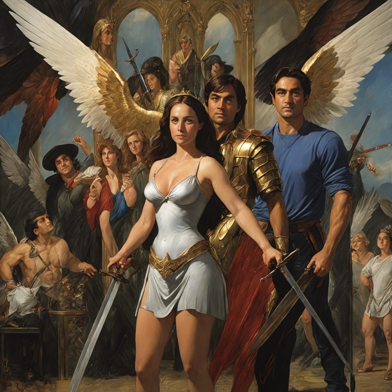 Winged Woman and Swordsman in Hanna-Barbera Style