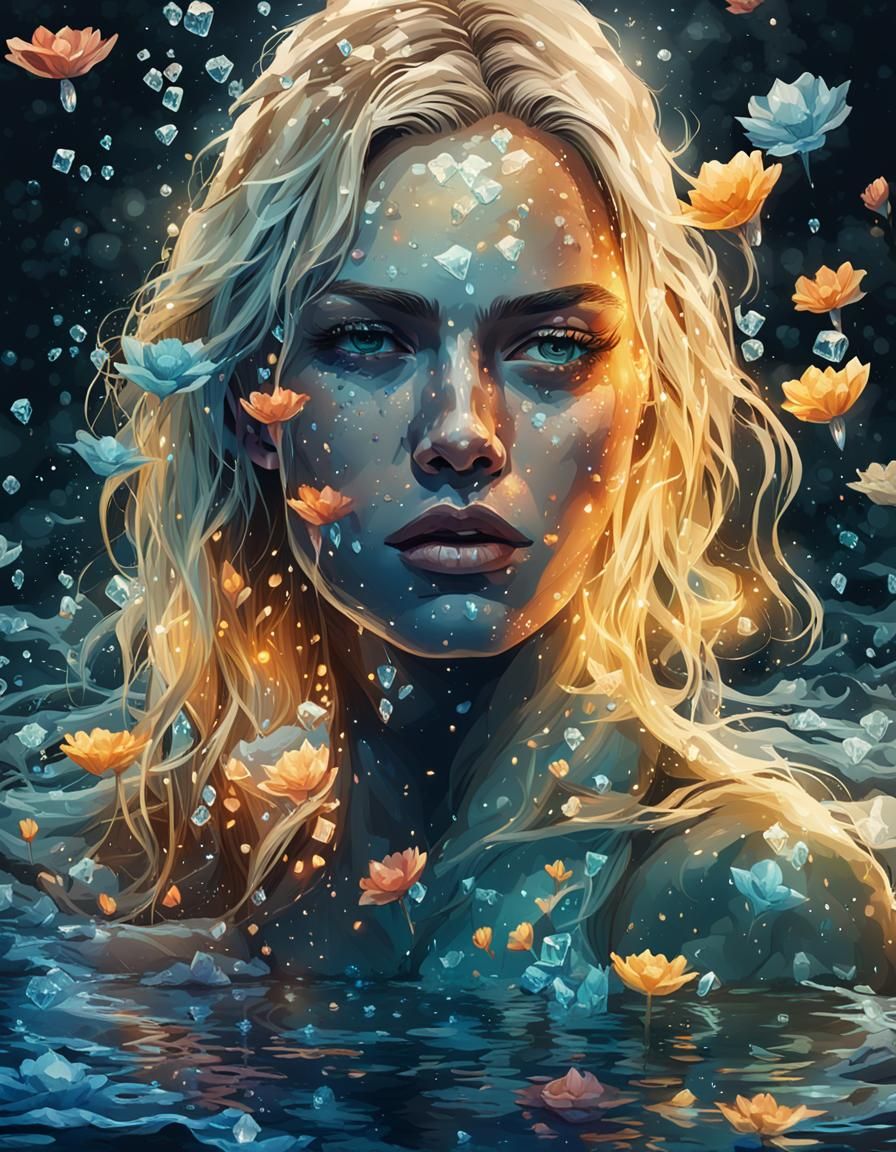 Beautiful Woman Swimming in Water with Crystalline Bikini