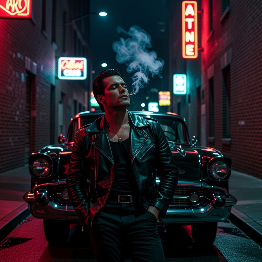 Confident Man in Leather Jacket Leaning on Bel Air