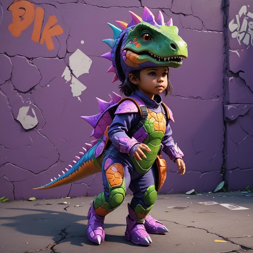 Toddler in Dinosaur Costume: Futuristic 3D Anime Art