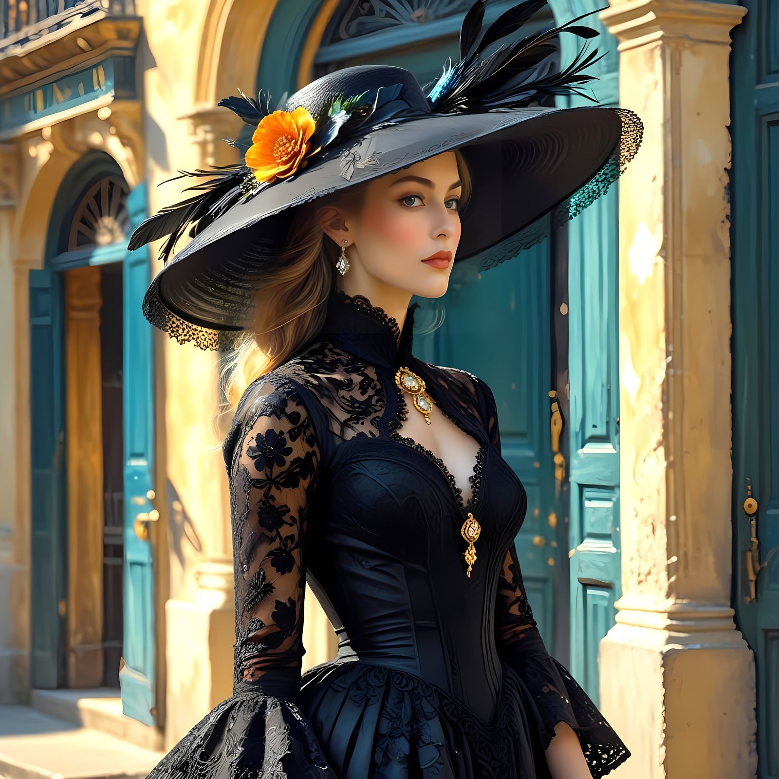 Elegant Woman in Lavish Black Lace Dress