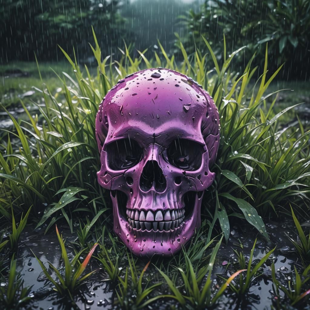 Synthwave Skull on Grass in Rain