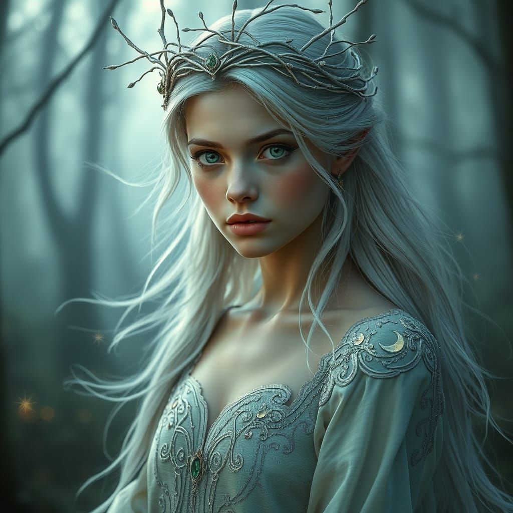 Enchanted Elf Queen in Misty Forest, Fantasy Realism