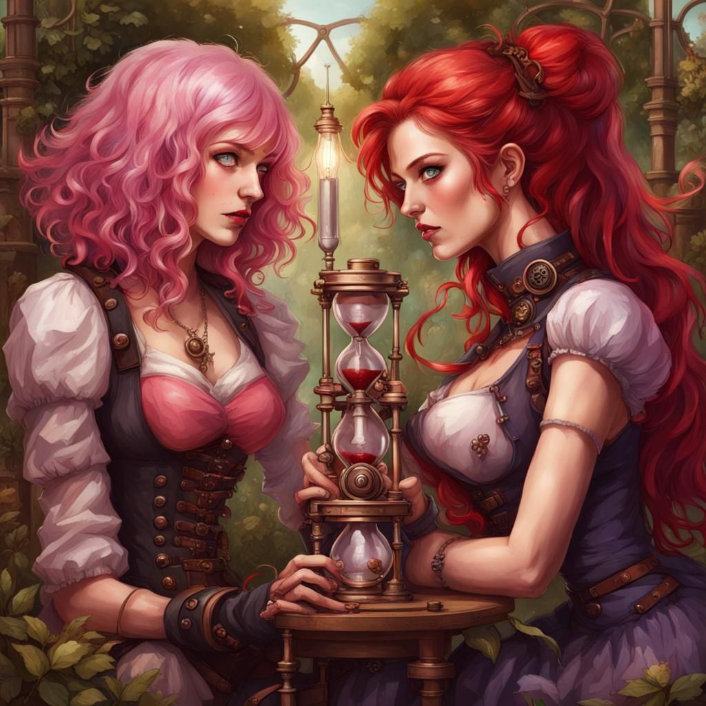 Steampunk Garden Scene with Pink and Red-Haired Women