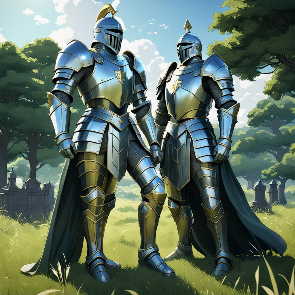 Two Knight Statues in Grassy Field, 3D Anime Art