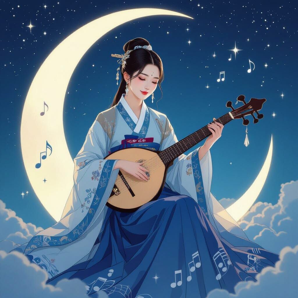 Korean Woman on Moon Playing Gayageum in Art Nouveau Style