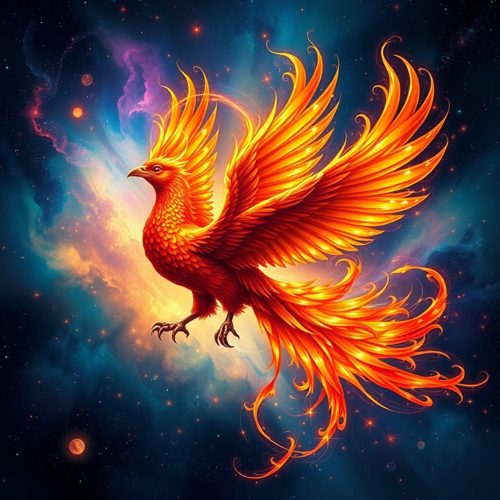 Surreal Phoenix Soars Through Cosmic Nebula in Art Nouveau-I...