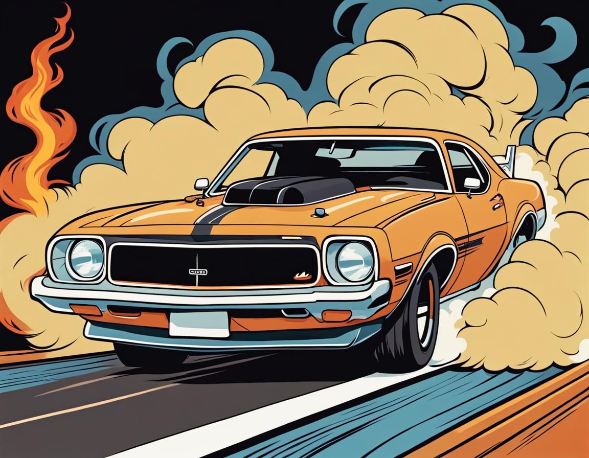 Retro 70's Cartoon Drag Car on Fire